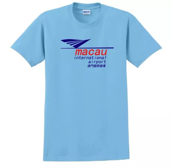 

Macau International Airport Tee Shirt Asia China Air Travel Sky Blue T-Shirt, White;black