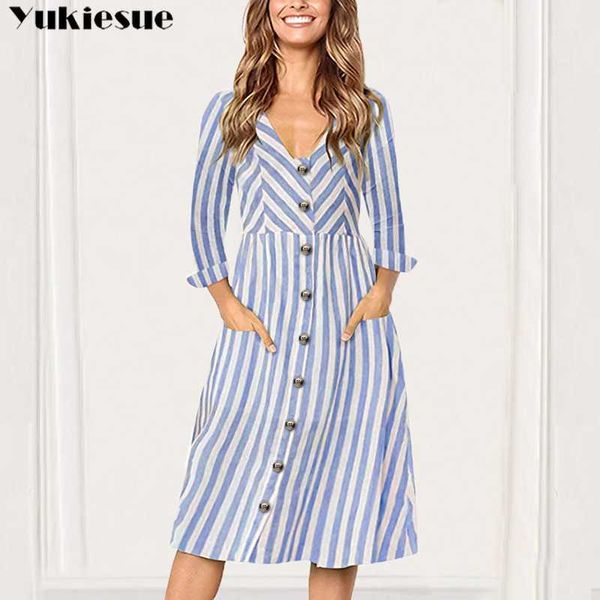 

fashion women autumn long sleeve button shirt dress v neck striped casual dresses winter womens vestidos plus size 210608, Black;gray