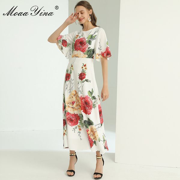 Modedesigner-Kleid Sommer Damenkleid Kurzarm Rose Blumendruck Strandurlaub Maxikleider 210524