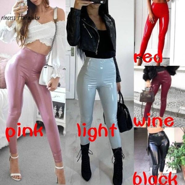 

women's leggings women pu leather legging pants skinny elastic high waist slim fitness ankle reflective leggins mujer, Black