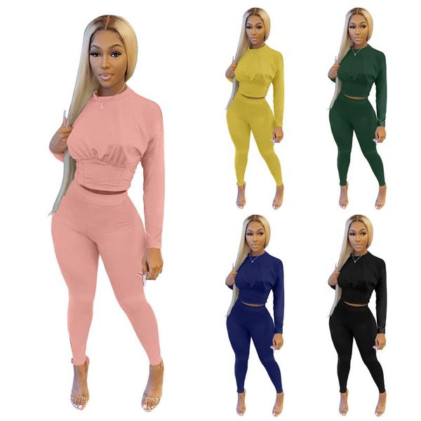

women's two piece pants tracksuit solid color two-piece suit thin waist sportswear long-sleeved round neck pullover and trousers sports, White