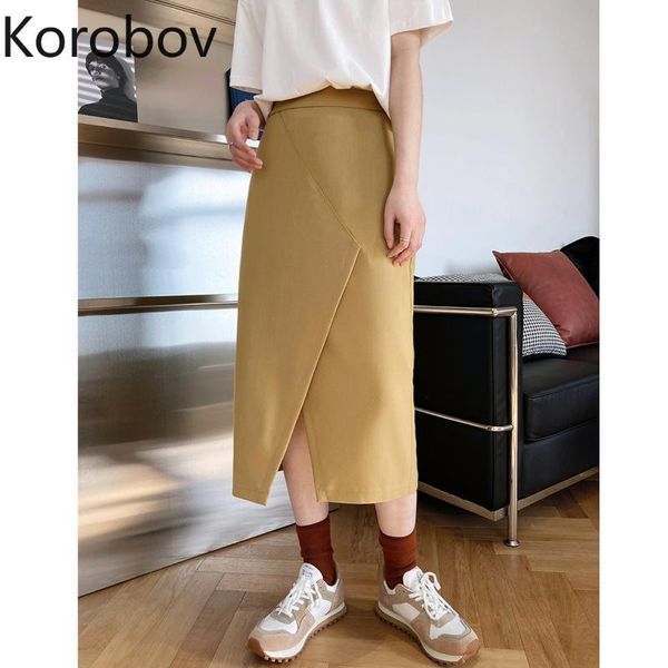 

skirts korobov 2021 spring women korean solid irregular a-line mid length skirt office lady slim faldas mujer, Black
