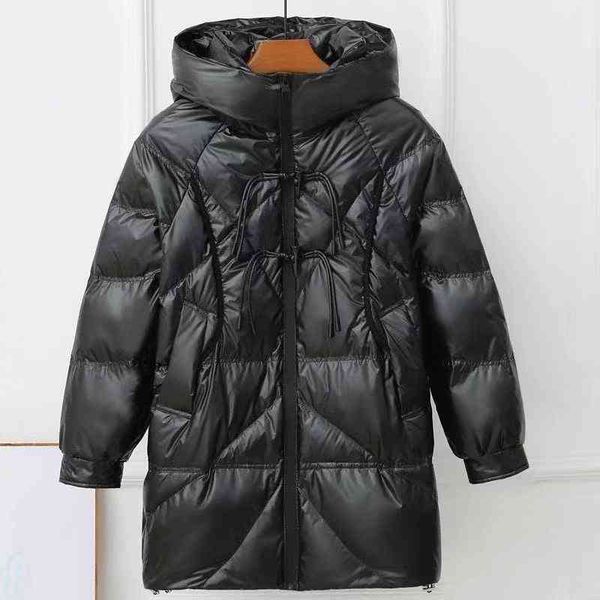 

women's parkas down ladies jacket ox horn buckle hooded fashion medium long bright leather wash white duck 2021, Black
