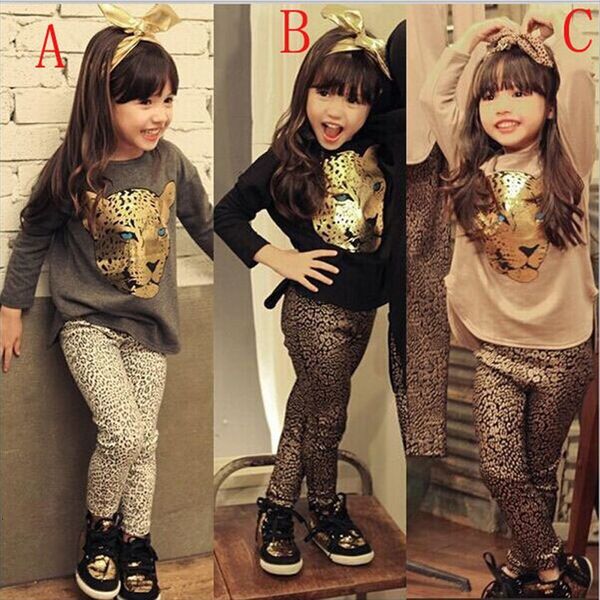 

spring fashion casual girls clothing set childrens cotton shirts leopard leggings 2 pieces kids clothes suit, White