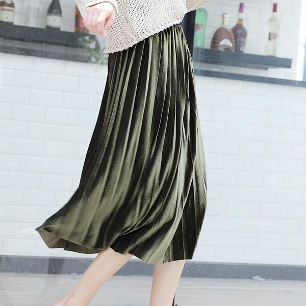 

skirts velvet female spring 2021 long high waist pleated skirt elegant korean loose clothing causal women, Black