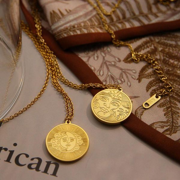 

chains vintage necklace for women stainless steel moon sun face coin pendant aesthetic golden chain jewelry clothing gift bff, Silver