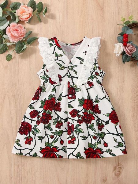 

baby floral print eyelet embroidered ruffle trim dress she, Red;yellow