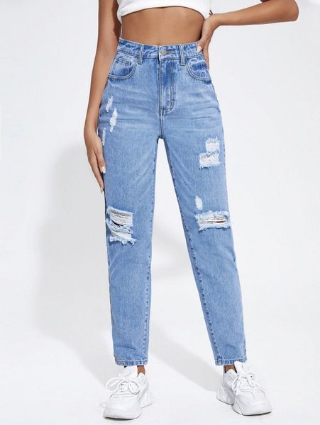 

lesdomakeup x squad high waisted light wash mom fit jeans y72i#, Blue