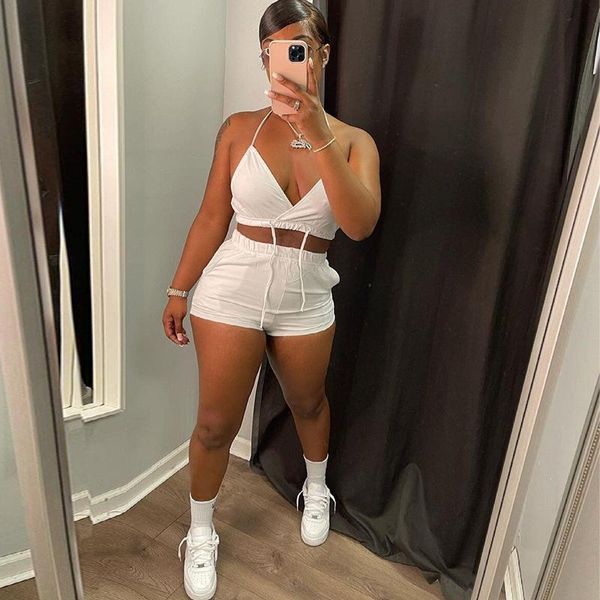 

women's tracksuits spaghetti strap bra crop & casual shorts set summer solid color two piece suits, Gray