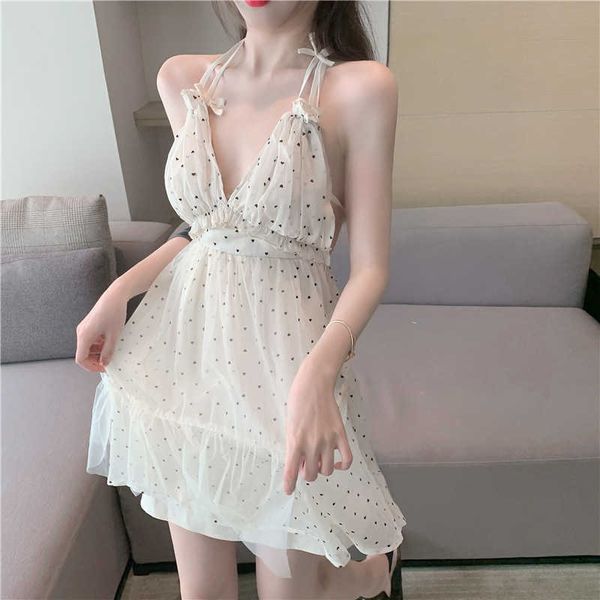 

womengaga tank backless beach chiffon mini summer party dress dot korean gauze mesh dresses 5hp4 210603, Black;gray