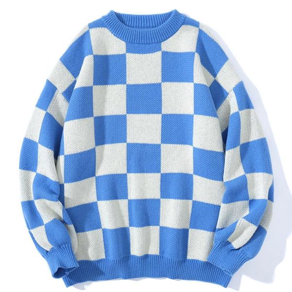 

men's sweaters men vintage blue plaid knit winter hiphop oversize couple knitwear women harajuku woolen sweater pullover, White;black