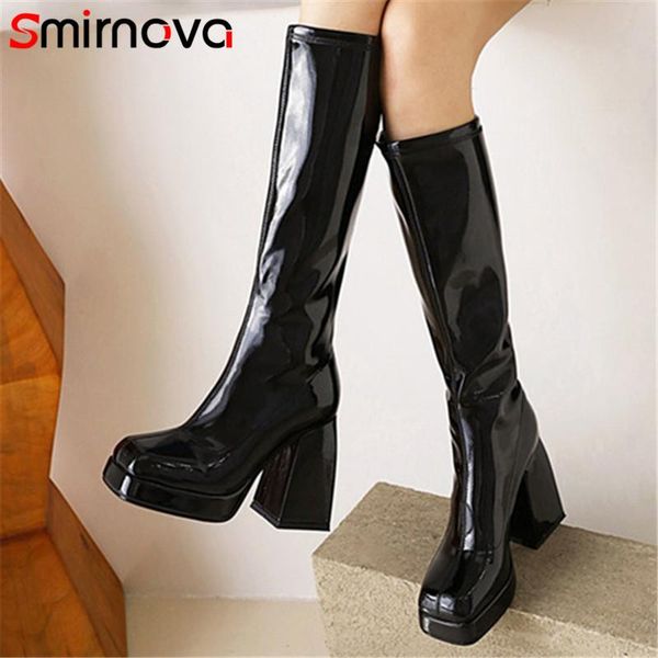 

boots smirnova 2022 explosions knee high women heels platform shoes square toe slim stretch long female big size, Black