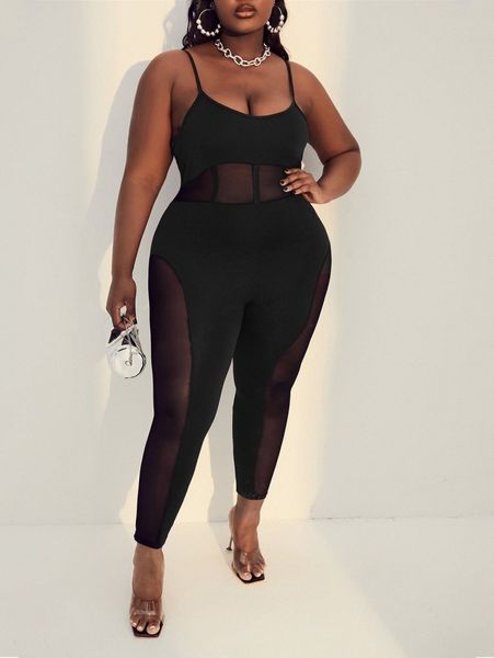 

sxy plus mesh insert unitard jumpsuit 993e#, Black