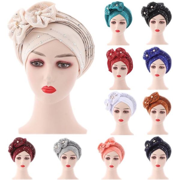

beanie/skull caps headscarft women's fashion rhinestone flowers turban bonnet african headwear hats india nigerian headtie, Blue;gray