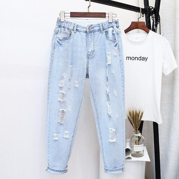 

women's jeans 5xl ripped for women casual denim harem pants vintage high waisted femme loose streetwear plus size mom k595, Blue