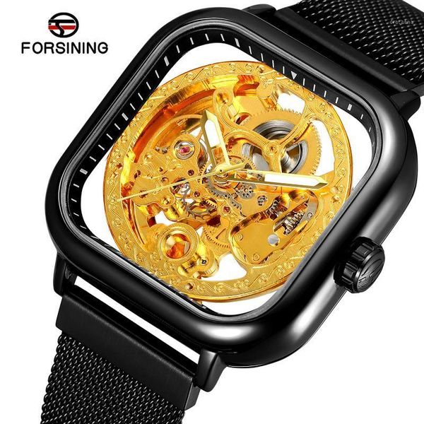 

forsining 2021 men's wrist watch pagani design mechanical steeldive luxury square gold quartz tourbillon casual wristwatches, Slivery;brown