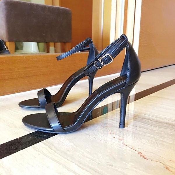 

summer high heel sandals 2021 thin black real leather with one word buckle bare toe
