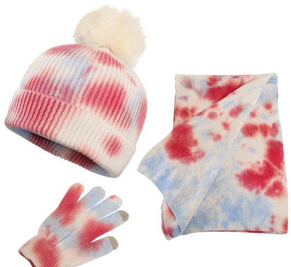 

children tie-dye knitted hat sets girls boys faux fur pompon vertical knitting beanie+scarves+gloves 3pcs fall winter kids warm outfits q321, Yellow