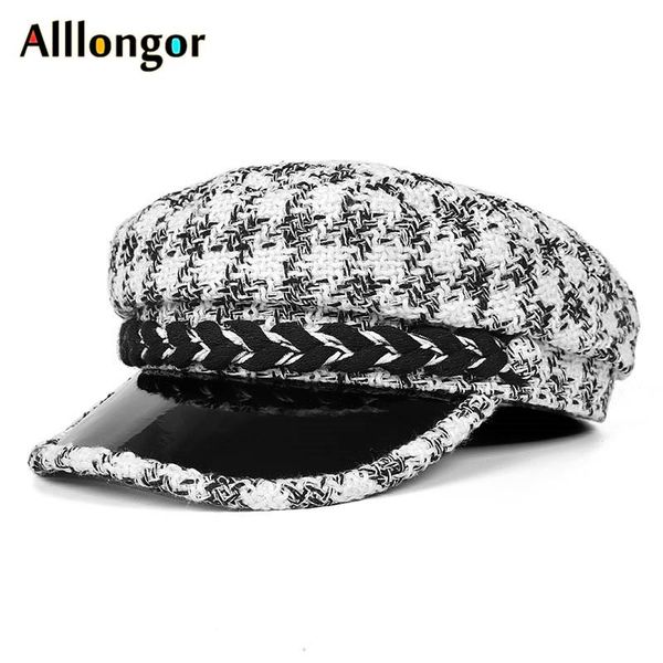 

berets autumn 2021 winter plaids vintage houndstooth beret military hats women black cap, Blue;gray