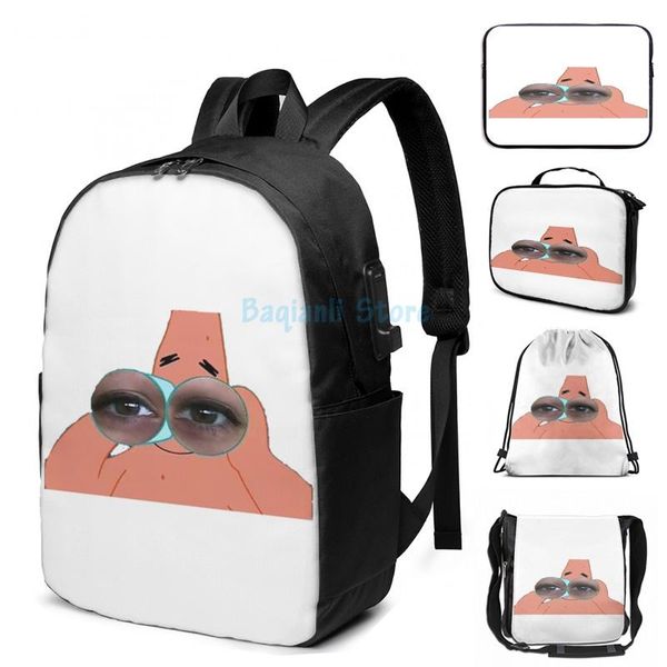 

funny graphic print patrick usb charge backpack men school bags women bag travel laptop