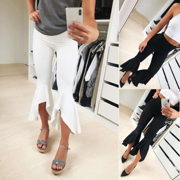 

women's pants & capris womens flared high-waisted trousers 2021 ladies ruffle pant bell bottom flare streetwear slim, Black;white