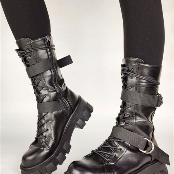 

boots ins girls ankle chunk brand designer buckle shoes lace boots women thick bottom cool woman, Black