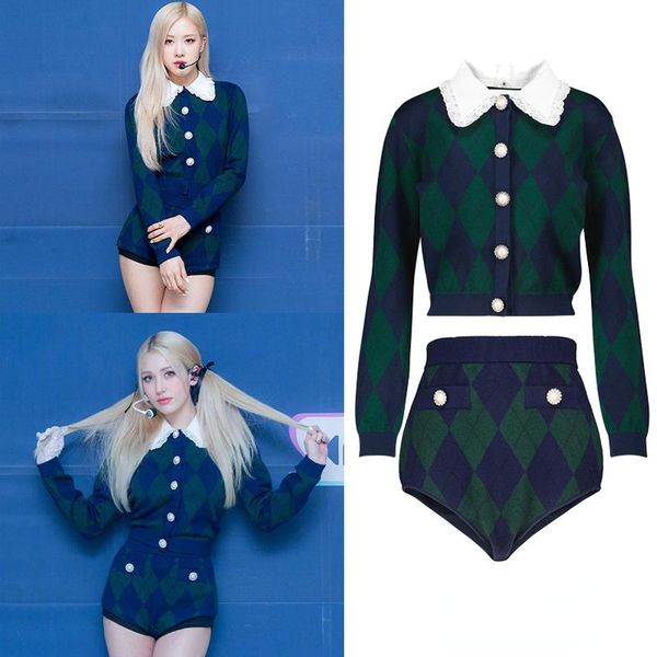 

women's tracksuits kpop korea celebrity rose jazz dance women plaid lapel cardigan sweater coat + slim knitted elastic shorts two-piece, Gray