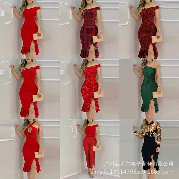 

casual dresses 2021 women's red herringbone shoulder lotus leaf dress, Black;gray