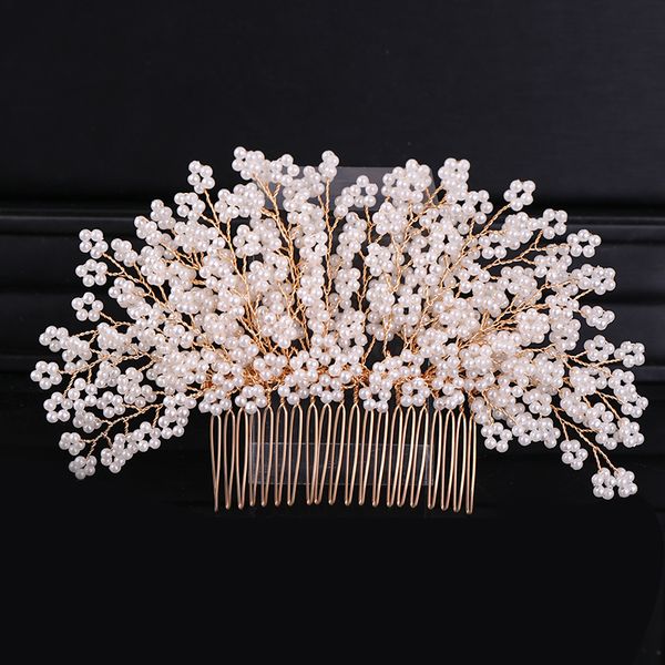 

trendy gold flower pearl wedding hair combs hair accessories tiara women bridal headpiece wedding hair ornaments jewelrydio chan contac, White;golden
