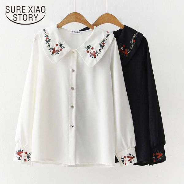 

vintage embroidery floral blouses for women shirts spring chiffon blouse white cute lantern long sleeve shirts 13051 210527