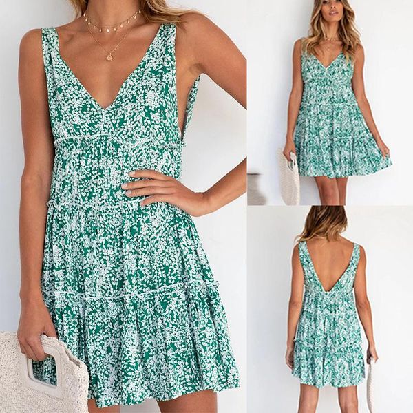 

casual dresses 2021 women summer fashion v-neck spaghetti strap dress femme elegant floral print beach holiday vintage temperament, Black;gray