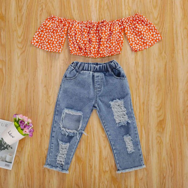 

clothing sets 1-5years kid girls 2pcs little floral print off shoulder orange blouse crop holes denim long pants holiday kids set c0225, White