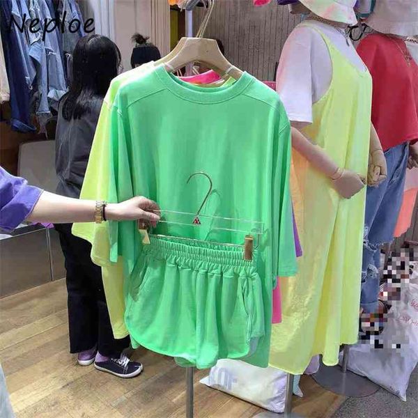 

candy color 2 piece set o neck short sleeve +elastic high waist wide leg shorts summer fashion suits 1e356 210422, White