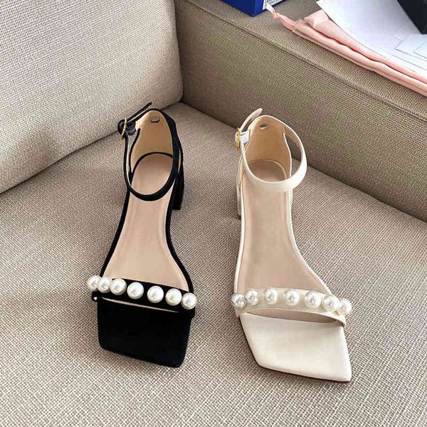 

version sw black suede high white sheepskin pearl decoration thick heel middle heel one line roman sandals yw