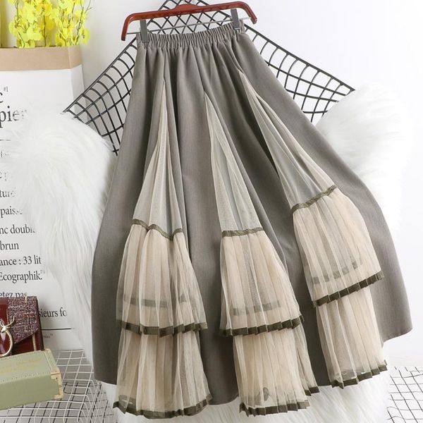 

skirts autumn women skirt stitching irregular splice mesh ruffles long ladies casual mid-calf swing pleated, Black