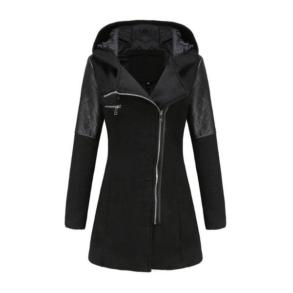 

women's wool & blends women hooded woolen cloth coat autumn winter euro size quilted warm side zipper overcoat oversized long outerwear, Black
