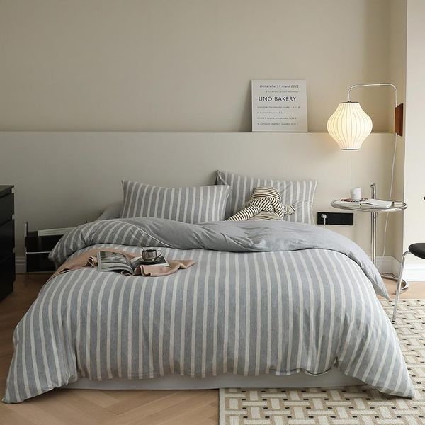 

bedding sets 3/4pcs 100% cotton jersey knit set for single double king size bed linen solid grey and stripes joint duvet cover