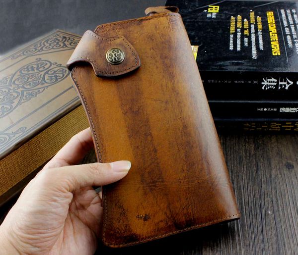 

vintage heavy thick genuine leather handmade wallet unique biker purse brown, Red;black