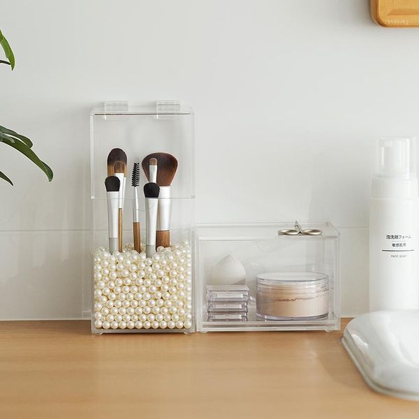 

storage bottles & jars china wholesale makeup brush box with lid acrylic girls women dust proof organizer container pearls inside
