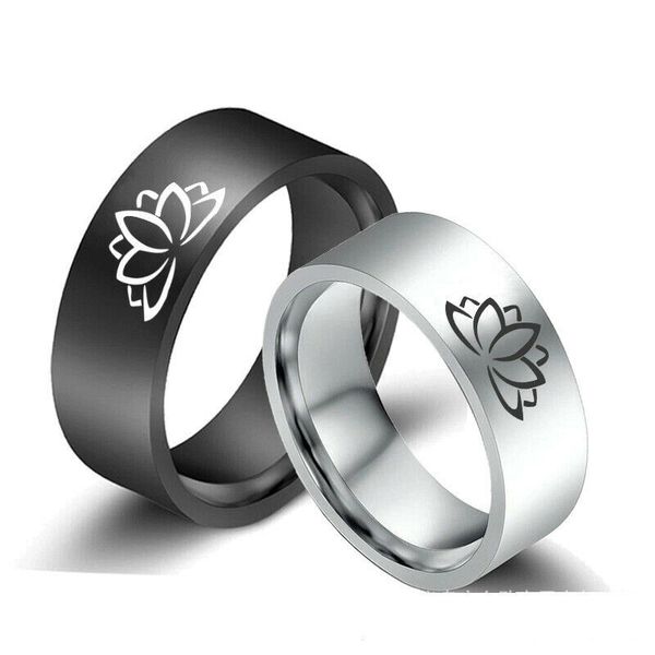 

8mm lotus flower mens band black silver stainless steel rings size jewelry 6-13