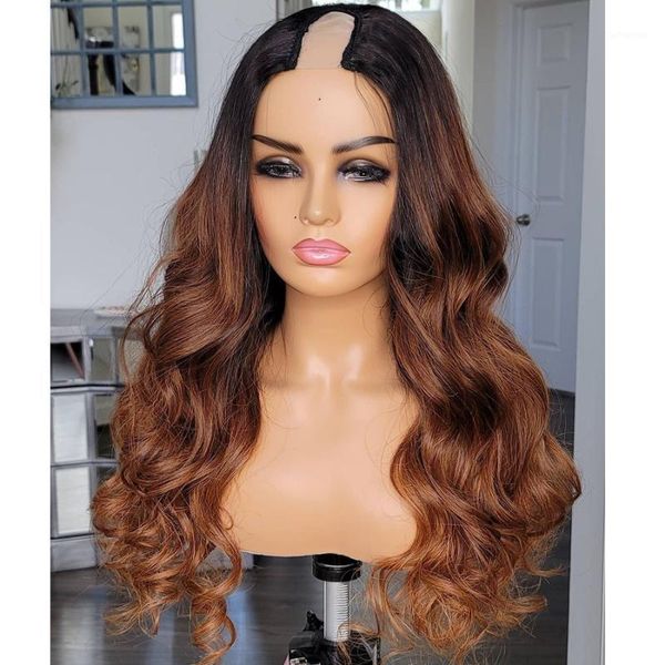 

ombre 1b#30 body wave 1x4 u part human hair wigs for black women 180density machine made opening remy lace1, Black;brown