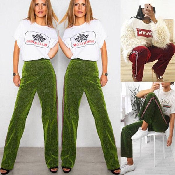 

women's pants & capris autumn spring stylish women elastic high waist striped full casual loose solid stretch trousers red green clothe, Black;white