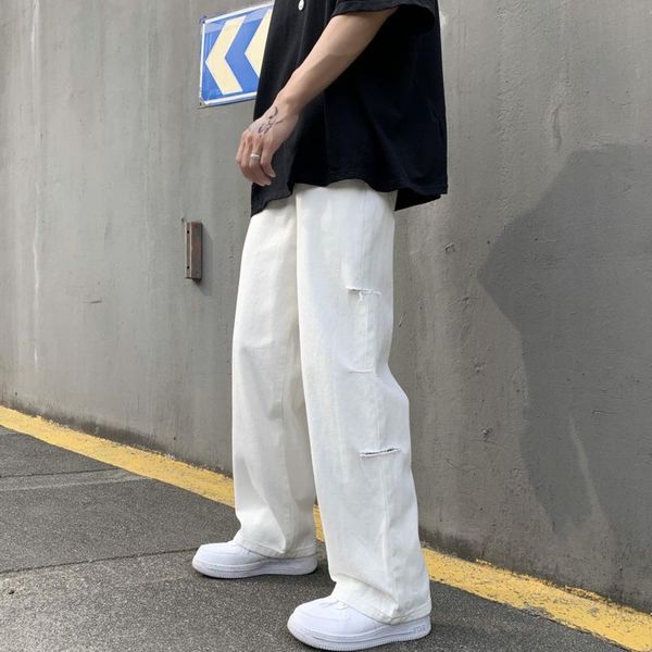 

solid color ripped jeans men korean fashion loose casual harajuku streetwear wide-legged straight mopping pants men's, Blue