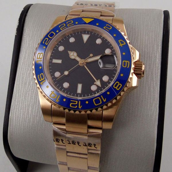 

wristwatches rose gold automatic men watch sapphire glass gmt hand date window mental strap ceramic bezel, Slivery;brown
