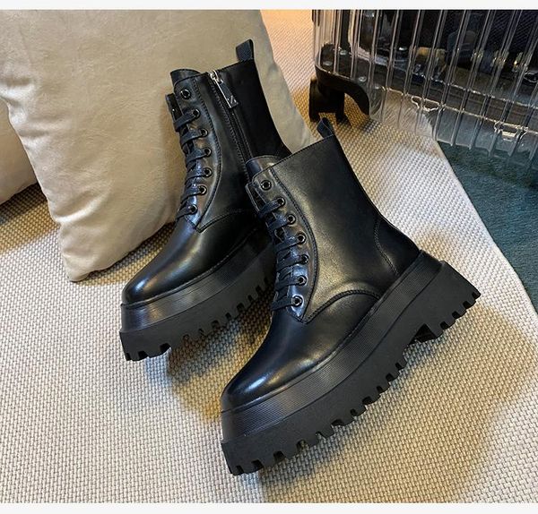 

boots womens ankle 2021 winter fashion round toe zipper lace up shoes outdoor non-slip platform women casual, Black