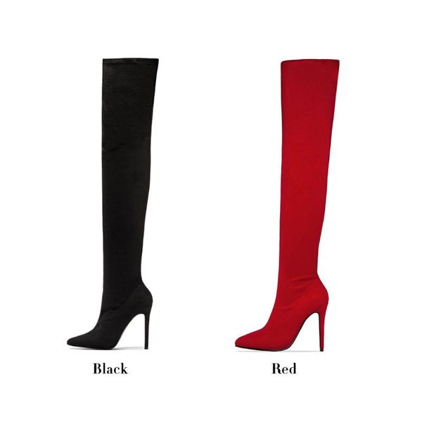 

boots women slip on stiletto high heel socks stretch elastic thigh pointed toe over the knee, Black
