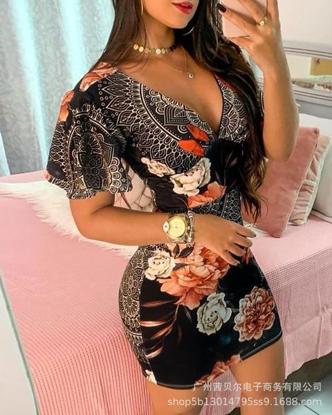 

women's swimwear 2021 black deep v print bag hip dress, White;black