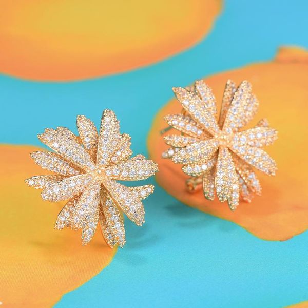 

stud blachette trendy firework flower earrings for women wedding cubic zircon cz dubai party daily bohemia, Golden;silver