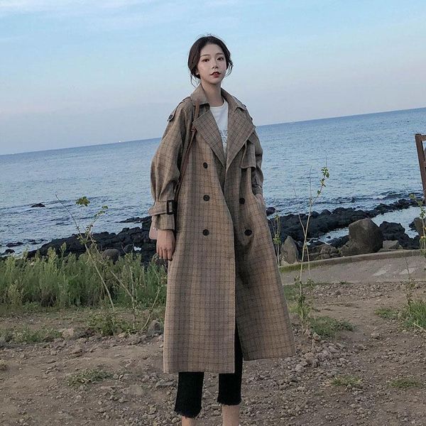 

women's trench coats korean windbreaker with long plaid double breasted lace and oversized loose coat in spring autumn, Tan;black