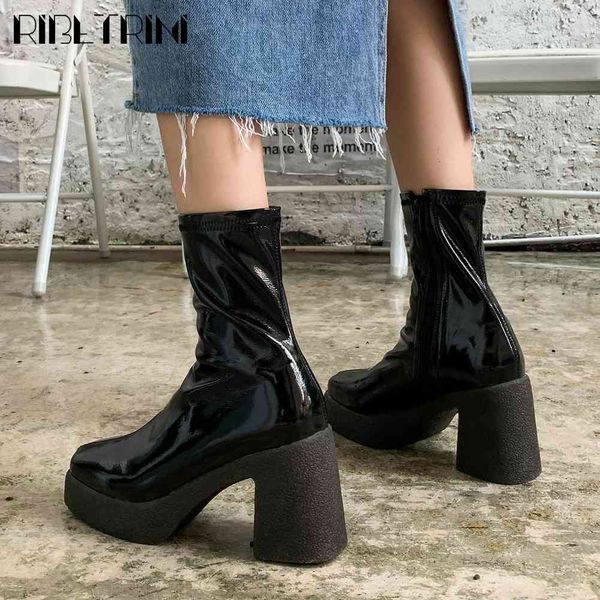 

boots female stylish desig solid patent pu square toe shoes platform high heels ankle women autumn boots, Black